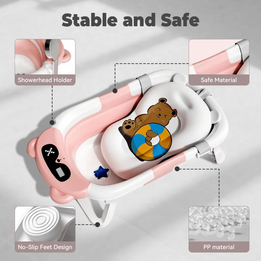 Senmeo 1PC Foldable Baby Bathtub With Thermometer & Soft Cushion - Portable Travel Tub For 0-36 Months Infants - Non-Slip, Floating Pad Included - 粉色 - 查看 1