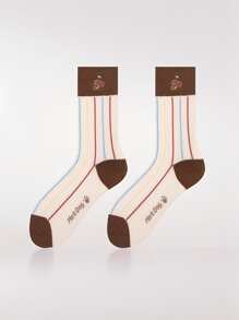 "4 Pairs Of Stylish Brown Striped Dog Print Socks For Women - Mid-Calf Casual Socks For Spring, Summer, And Autumn - Cute Dachshund Design"