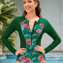 Local Delivery- Women's UV Protection One-Piece Swimsuit With Zipper, Long Sleeve Rash Guard, Tropical Floral Print, Green High-Stretch Surf Suit, Full-Body Coverage For Water Sports, Beachwear | Casual Swimsuit | UV Protection Clothing - Mixed Color - View 1