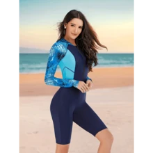 Local Delivery- [Quick-Dry Swimsuit] Quick-Dry High-Stretch Women's One-Piece Swimsuit | Long-Sleeve, Tropical Leaf Print, Mid-Leg Length, Blue & Black Design, Diving Gear, Durable Swimwear, High Waisted