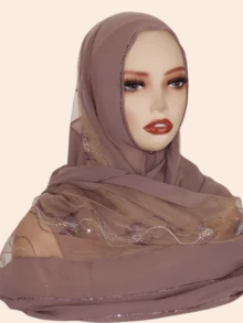 1pc Women's Hijab, Fashion Scarf With Rhinestone Decor, Chiffon Fabric, Malaysian Style, Middle East Design