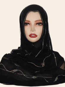 1pc Women's Hijab, Fashion Scarf With Rhinestone Decor, Chiffon Fabric, Malaysian Style, Middle East Design