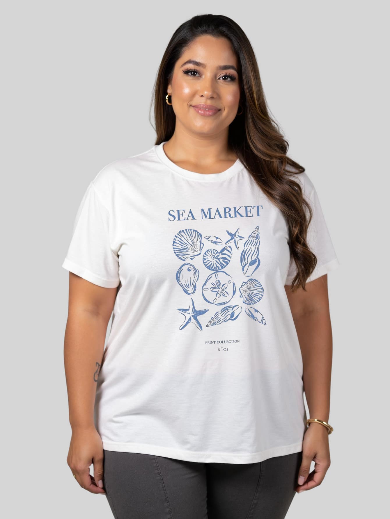 Women's Plus Size Basic Cotton T-Shirt Tumblr Style Large Size Sea Market Print - Blanco - Ver 1