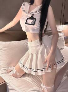Sexy Underwear College Style Suit Female Navy Collar Sleeveless Top Hot Girl Two Pieces Pleated Skirt Suit Sexy Lingerie Set