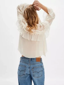Women's Y2K Tie Front Sheer Mesh Ruffle Blouse Long Sleeve V Neck See-Through Peplum Flowy Loose Fit Chiffon Shirts Tops Summer Beach Vacation Boho Coquette Shirt Top Streetwear - 白色 - 查看 2