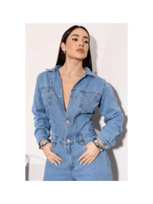 Women's Wide Leg Simple Casual Jeans Pocket Evening Denim Jumpsuit - 淺色水洗藍 - 查看 3