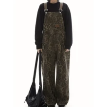 Local Delivery- Women's Retro Leopard Print Denim Overalls With Multiple Pockets - Adjustable Straps, Wide-Leg Design, All-Season Casual Wear, Blend Fabric - Brownness - View 5