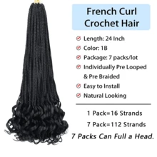 女士卷曲钩针发饰 女神盒形辫子 钩针发饰 预圈法式卷发编织发饰 钩针辫子 14/18/24 英寸 1/7 包法式卷发辫子 分层无结辫子接发，1B - 黑色 - 查看 2