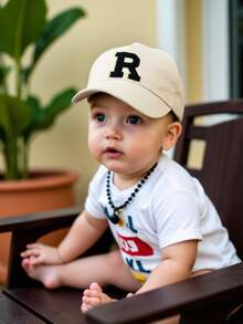 1顶儿童26字母刺绣棒球帽，金色字母设计，韩式可调节后扣帽，防晒帽，适合1-3岁男孩女孩 - 米色 - 查看 6