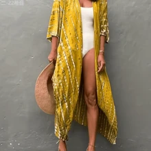 Local Delivery- [Tie Dye Women's Kimono Swimsuit] Stylish Tie Dye Open Front Long Kimono Swimsuit Cover Up For Women - Bright Yellow - 查看 1