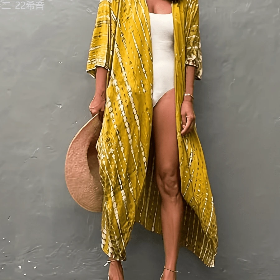 Local Delivery- [Tie Dye Women's Kimono Swimsuit] Stylish Tie Dye Open Front Long Kimono Swimsuit Cover Up For Women - Bright Yellow - 查看 1