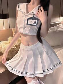 Sexy Underwear College Style Suit Female Navy Collar Sleeveless Top Hot Girl Two Pieces Pleated Skirt Suit Sexy Lingerie Set