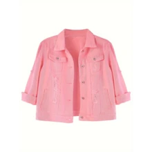 Local Delivery- Women'S 3/4 Sleeve Cropped Denim Jacket, Casual Vintage Wash Slim Fit Plain Denim Coat - Deep Blue - 查看 5