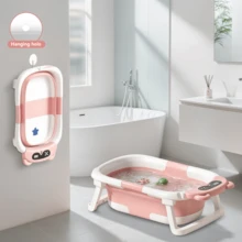 Senmeo 1PC Foldable Baby Bathtub With Thermometer & Soft Cushion - Portable Travel Tub For 0-36 Months Infants - Non-Slip, Floating Pad Included - Pink - View 2