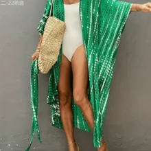 Local Delivery- [Tie Dye Women's Kimono Swimsuit] Stylish Tie Dye Open Front Long Kimono Swimsuit Cover Up For Women - Fluorescent Green - 查看 1