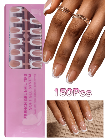 150 piezas de Uñas postizas cuadradas cortas con punta francesa marrón, Puntas de uñas de gel suave, Usadas como uñas postizas para manualidades, Estilo simple y versátil en 15 tamaños adecuados para mujeres