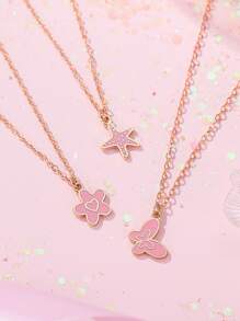 3 Stücke/Set Süßer Sommer Strand rosa Schmetterling Fünf-Blüten-Blume Seestern Anhänger, goldene Halskette Schmuckset für Frauen, Sommer Reise Strand Party Tägliches Tragen Schmuckset