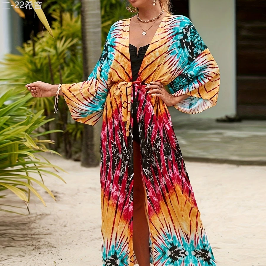 Local Delivery- Womens Beach Cover Up Cardigan - Extra-Long, Vibrant Printed, Adjustable Drawstring, UPF Sun Protection, Relaxed Fit, Perfect For Beach Vacations, Pool Days, And Outdoor Adventures - 橘色 - 查看 1