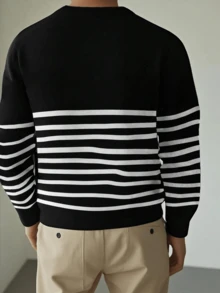 Men's Elegant Striped Sweater With Half-Zip Design, Versatile - Black - View 5