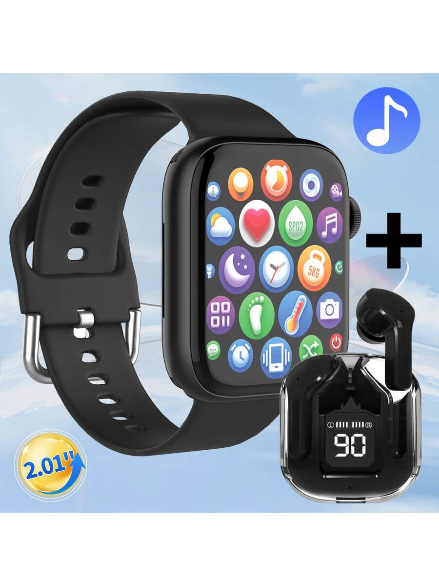 多功能智能手表 Watch9，带音乐、电话、消息、天气、步数追踪，配有耳机或表带 - 黑色 - 查看 1