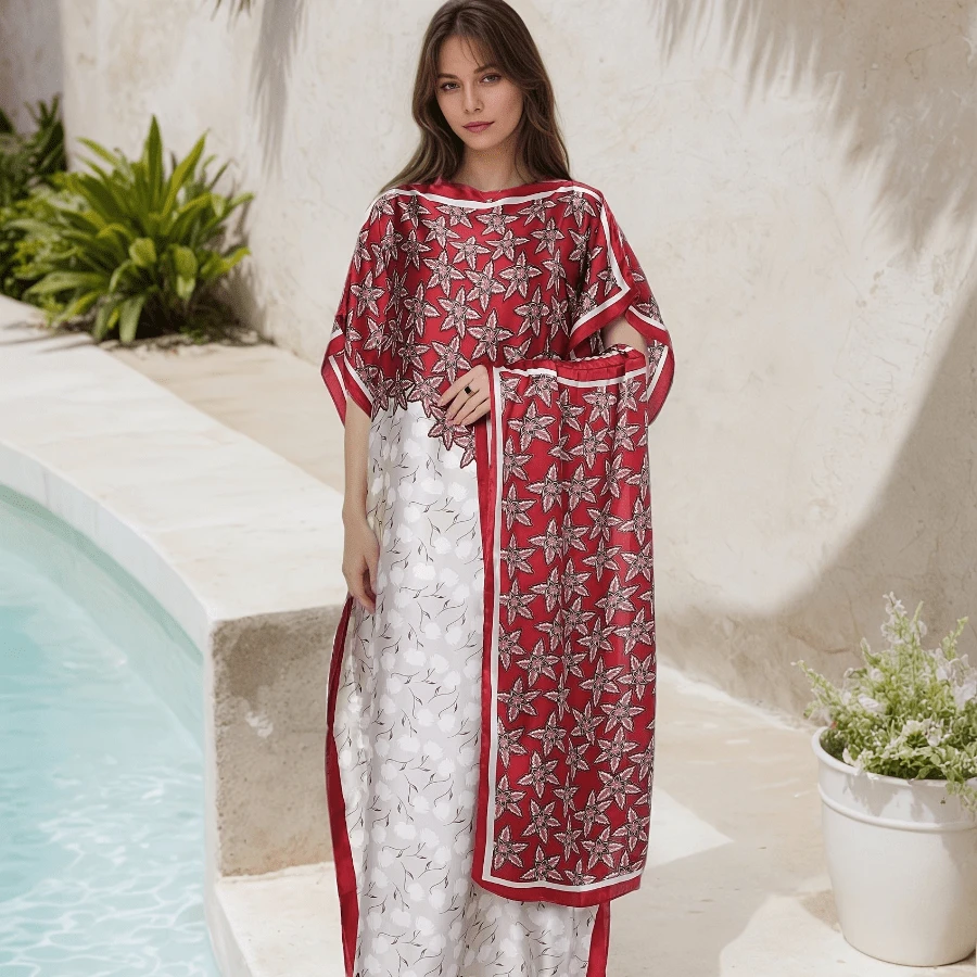 Local Delivery- [Polyester Abaya Dress] Lightweight Polyester Women's Abaya Dress | Floral Print Batwing Sleeve Loose Fit Maxi Dress, Middle Eastern-Inspired Spring Summer Fall Casual To Formal Wear With Scarf - 酒紅色 - 查看 1