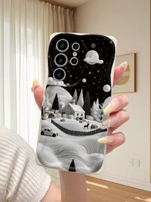 1 pieza Funda protectora de teléfono con patrón minimalista de copo de nieve y villa de montaña, anti-caídas, agujero de precisión, compatible con iPhone/Redmi/Infinix/OPPO/VIVO/Realme
