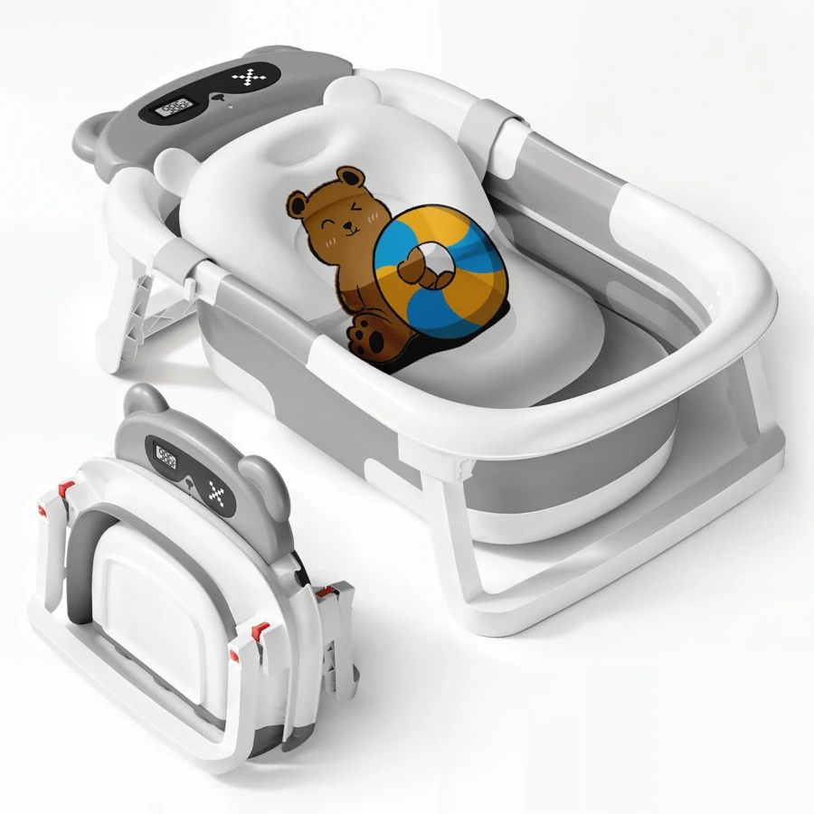 Senmeo 1PC Foldable Baby Bathtub With Thermometer & Soft Cushion - Portable Travel Tub For 0-36 Months Infants - Non-Slip, Floating Pad Included - 灰色 - 查看 1
