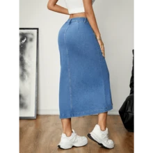 Local Delivery- [Denim Midi Skirt] Elegant Women's Denim Midi Skirt | Versatile Front Button-Fly Design, Stretch Cotton-Polyester Blend | Machine Washable & Dry Clean Safe, Multi-Wear Style For Spring, Summer & Autumn - Màu xanh trung bình - Xem 4
