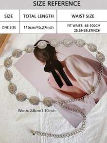 1 件女士银色椭圆形金属合金超长腰链，高端金属链腰带，百搭装饰，适合连衣裙、西装、服装和欧式夏季、学校