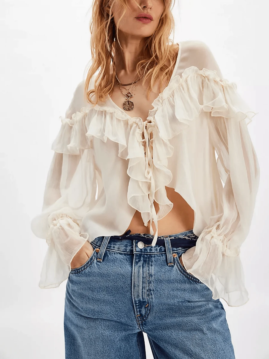 Women's Y2K Tie Front Sheer Mesh Ruffle Blouse Long Sleeve V Neck See-Through Peplum Flowy Loose Fit Chiffon Shirts Tops Summer Beach Vacation Boho Coquette Shirt Top Streetwear - 白色 - 查看 1