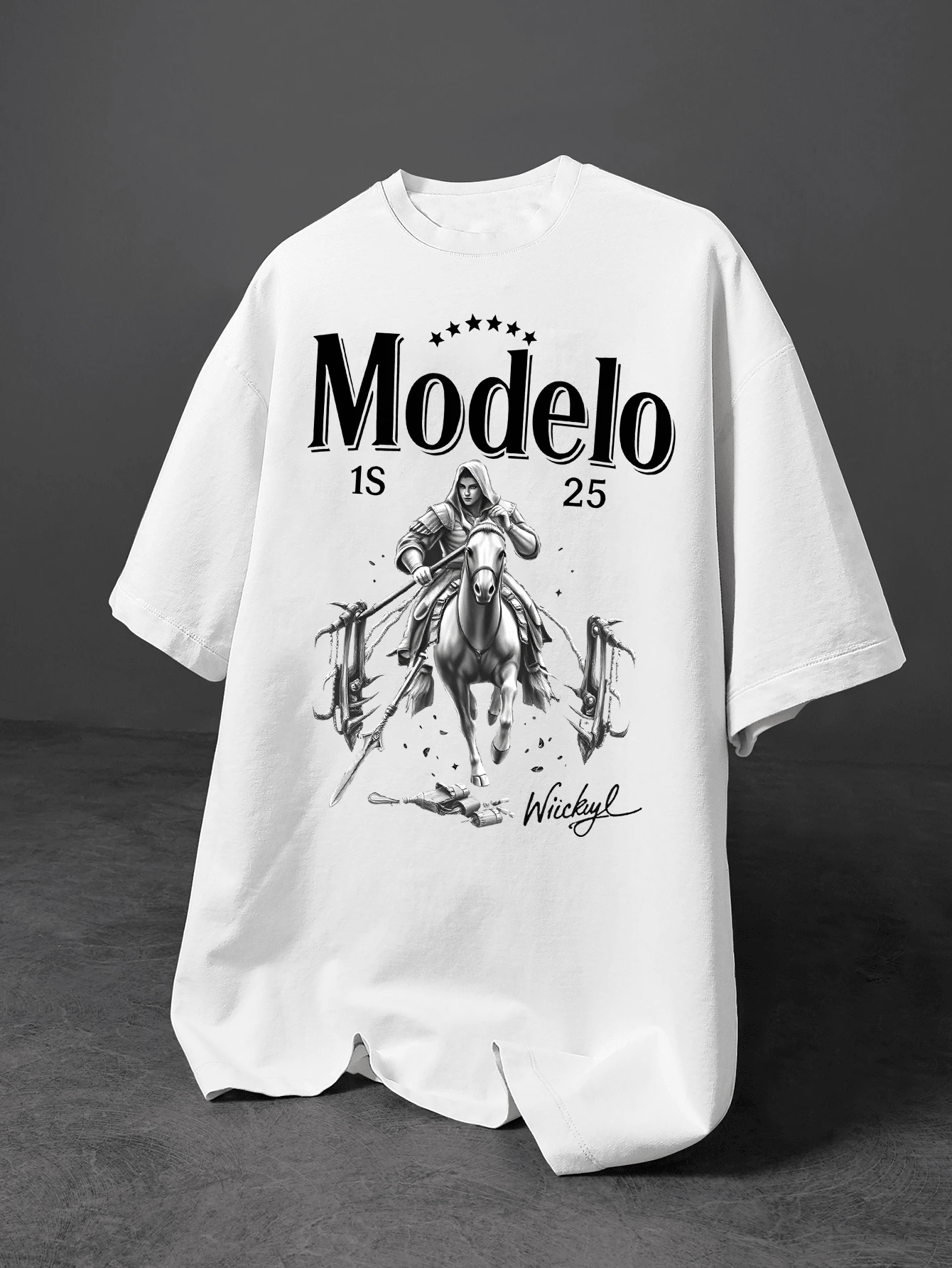 White Cape Rider Riding A Horse With A Spear Keel Frame Gravel Star Embellishment Creative Light Retro Print Pattern, Summer Casual All-Inclusive Fashion T-Shirt, Regular Comfort Wear, Unisex Round Neck Short Sleeve, Breathable Cotton, Suitable For Outdoor And Leisure Activities