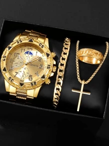 4pcs Men's Business Watch Set, Stainless Steel Quartz Watch With Round Dial And Indicators, Includes Pendant Necklace, Bracelet And Ring, Ideal Gift For Men