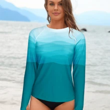 Local Delivery- Women's Long Sleeve Rash Guard Swim Shirt - High Elasticity Surf Top With Color Block Landscape Print, Sporty Beach & Surfing Apparel, Water Sports Clothing, Comfortable Fit Clothing