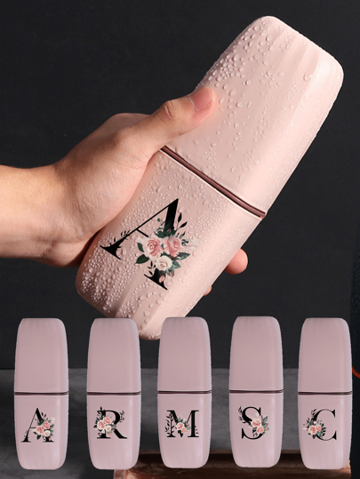 Pink Flowers And Black Letters A-Z Portable Toothbrush Case, Keep Your Toothbrush Clean And On The Go!Travel Toothbrush Holder, Portable Toothbrush Cup Cover, Suitable For Travel, Camping, Business Travel, And School, Multi-Purpose Toothbrush Cup