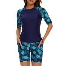 Local Delivery- Women's Two-Piece Short Sleeved Swimsuit With Shorts, European And American Split Surfing Suit, Diving Suit, Swimsuit