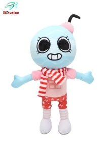 Molutian Muñeco de peluche de personaje azul con temática de juego Bobette, con lazo rosa, bufanda a rayas rojas y blancas, y zapatos blancos, perfecto para decoraciones de fiestas en el hogar y regalos de juegos, accesorio de decoración de fiestas | Diseño de personaje juguetón | Material de peluche suave, Juguetes de peluche