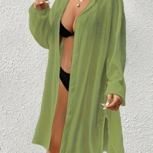 Local Delivery- Swim Vcay Women Long Sleeve Single-Breasted Shirt-Style Kimono For Vacation - màu xanh lá - Xem 1