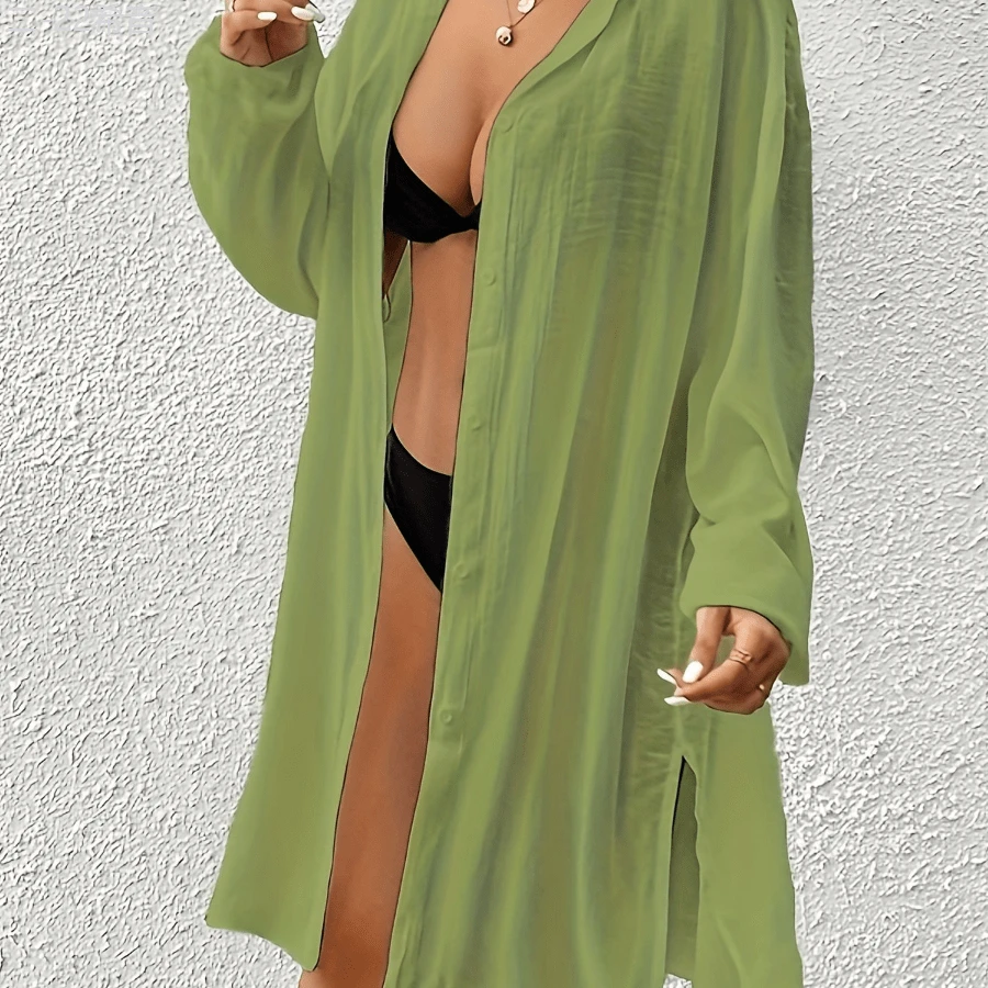 Local Delivery- Swim Vcay Women Long Sleeve Single-Breasted Shirt-Style Kimono For Vacation - màu xanh lá - Xem 1