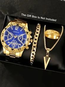 4-Piece Luxury Gift Set For Men: Stainless Steel Quartz Watch With Precise Analog Display, Cross Pendant Necklace, Bracelet And Ring, Perfect For Business, Casual And Sports Occasions - Ideal Gift For Him