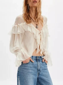 Women's Y2K Tie Front Sheer Mesh Ruffle Blouse Long Sleeve V Neck See-Through Peplum Flowy Loose Fit Chiffon Shirts Tops Summer Beach Vacation Boho Coquette Shirt Top Streetwear - 白色 - 查看 4