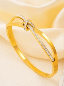 1pc Fashion Elegant Cross Diamond Knot Stainless Steel Electroplated 18k Gold Ladies Bracelet, Suitable For Daily And Banquet Wear.