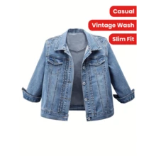 Local Delivery- Women'S 3/4 Sleeve Cropped Denim Jacket, Casual Vintage Wash Slim Fit Plain Denim Coat - Deep Blue - 查看 3