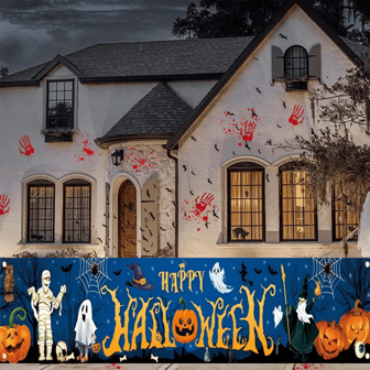 1 stuk Happy Halloween-achtergrondbanner, polyesterstof - met pompoen, spook, mummie, heks en vleermuis, enge scène voor Halloween-feestdecoratie, binnen- en buitengebruik