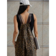 Local Delivery- Women's Retro Leopard Print Denim Overalls With Multiple Pockets - Adjustable Straps, Wide-Leg Design, All-Season Casual Wear, Blend Fabric - Brownness - View 7