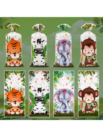 50 Pieces Of Jungle Animal Gift Bags, Plastic Gift Bags, Cartoon Style Animal Theme Design, Decorated With Tiger, Elephant, Zebra, Monkey Patterns, Birthday Gift Bags, Wedding Gift Bags, Bride's Gift Bags, Festival Party Decorations, Cartoon Cute Gift Packaging Supplies, Can Be Used To Hold Small Gifts And Other Surprise Items