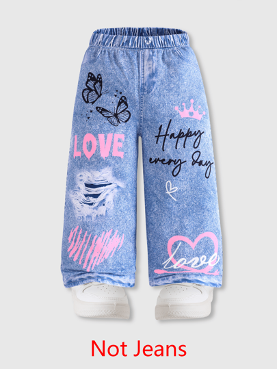 1pc Girls Casual Heart, Butterfly, Crown "LOVE" Print Soft Comfortable Knitted Jeggings, Suitable For Daily Wear
