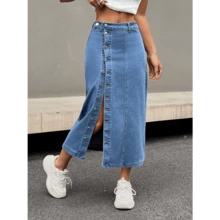 Local Delivery- [Denim Midi Skirt] Elegant Women's Denim Midi Skirt | Versatile Front Button-Fly Design, Stretch Cotton-Polyester Blend | Machine Washable & Dry Clean Safe, Multi-Wear Style For Spring, Summer & Autumn - Màu xanh trung bình - Xem 5