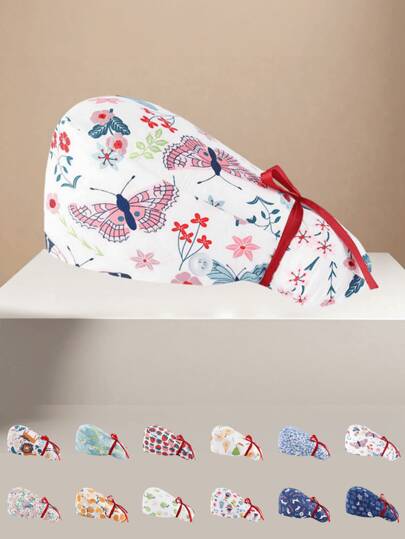 1pc Women's Premium Polyester Material Printed Pattern Tie-Design Work Cap/Nurse Cap, Full Back Design, Side Mask Cord Hook, Suitable For Doctors, Nurses, And All Hospital, Beauty Salon, Veterinary Clinic Workers