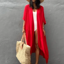 Local Delivery- Casual Plus Size Beach Cover-Up - Women's Solid Color Kimono Cardigan With Tie Waist, Batwing Sleeves, And Asymmetrical Hem - Perfect For Home & Vacation Wear - [紅色的] - 查看 1