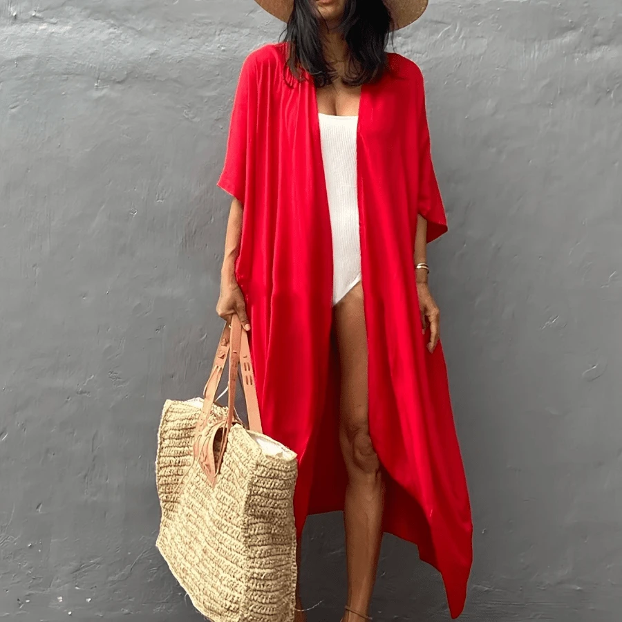 Local Delivery- Casual Plus Size Beach Cover-Up - Women's Solid Color Kimono Cardigan With Tie Waist, Batwing Sleeves, And Asymmetrical Hem - Perfect For Home & Vacation Wear - [紅色的] - 查看 1